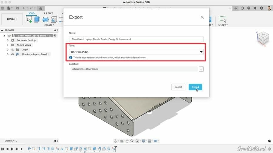 Screenshot from video showing Autodesk Fusion workflow for exporting a DXF from the file menu, which is not recommended.