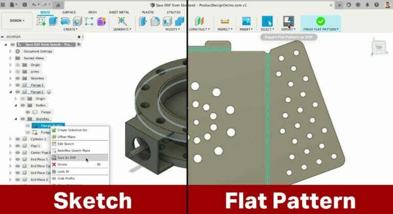 Screenshot showing side by side of two parts being exported from Autodesk Fusion: one side showing a sketch, the other side showing a Flat Pattern.