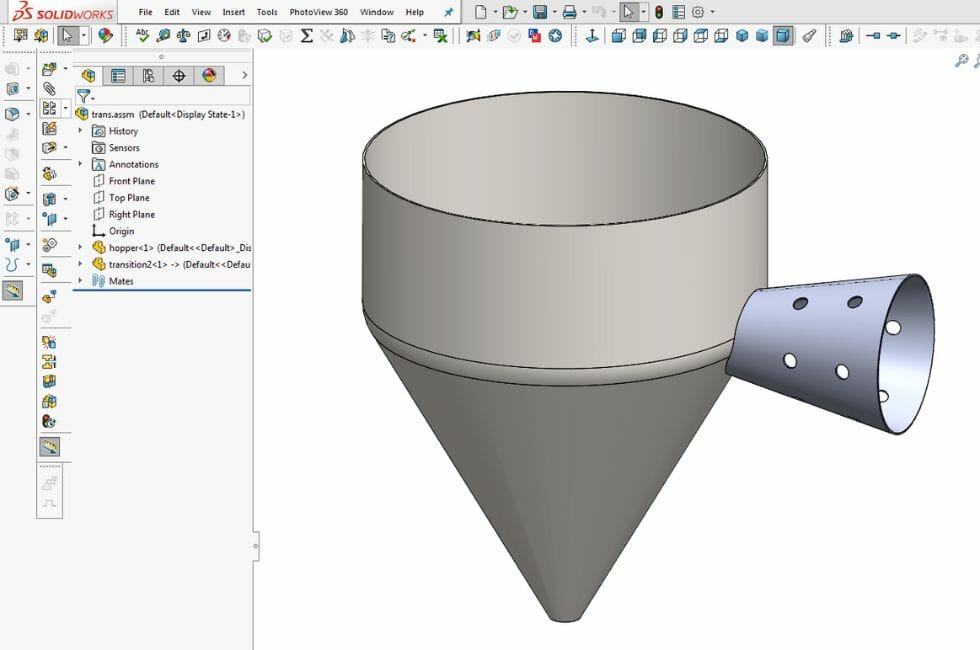 Screenshot showing a 3D model of a laser cut metal hopper in SolidWorks.