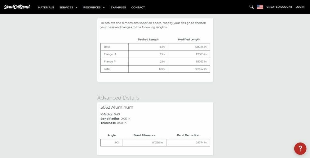 Screenshot showing the information from SendCutSend's bending calculator for 5052 aluminum in 0.08" thickness.
