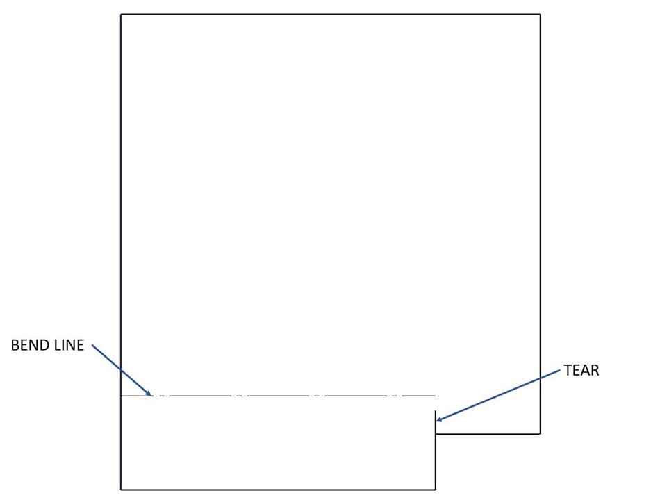 Image showing a no kerf cut as a "tear" between the bend and the flat flange. This is currently not possible to cut.