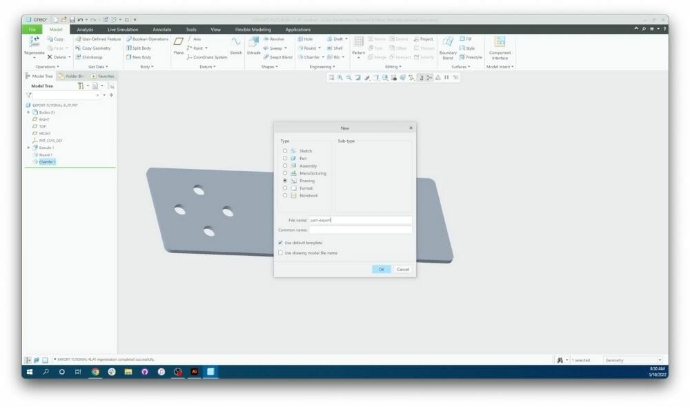 Screenshot showing the dialogue box for creating a new drawing in Creo
