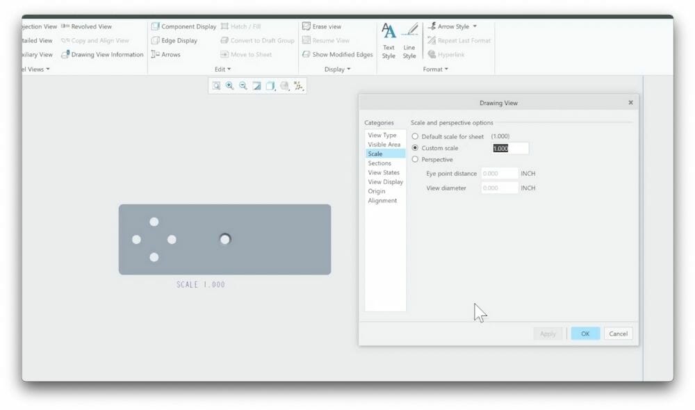 Screenshot showing how to change the scaling of your part, with "1.000" entered for "Custom Scale"
