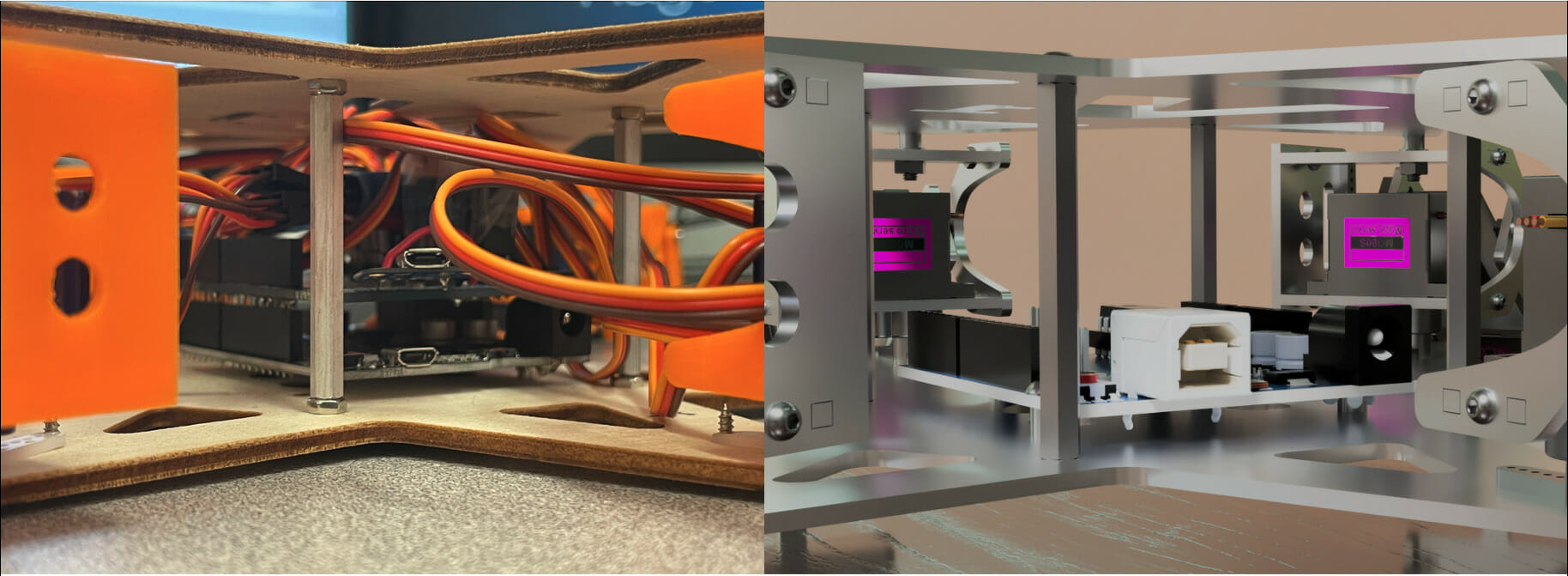 Image of a small design with electronics next to a render of the same design in CAD with space left in the design for wiring.