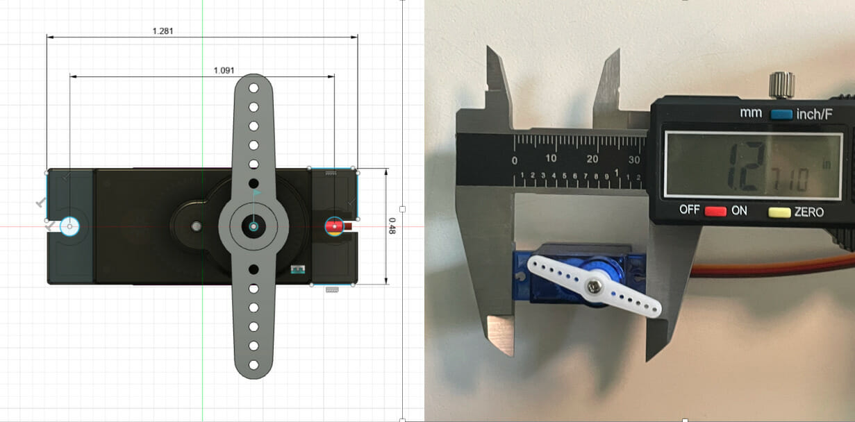 Screenshot of a part modeled in Autodesk Fusion next to an image of the part measured in calipers 