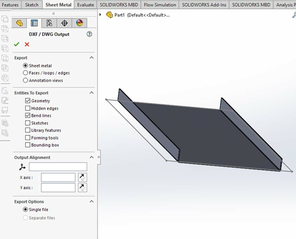 Screenshot of the DXF/DWG Output selection menu in SolidWorks