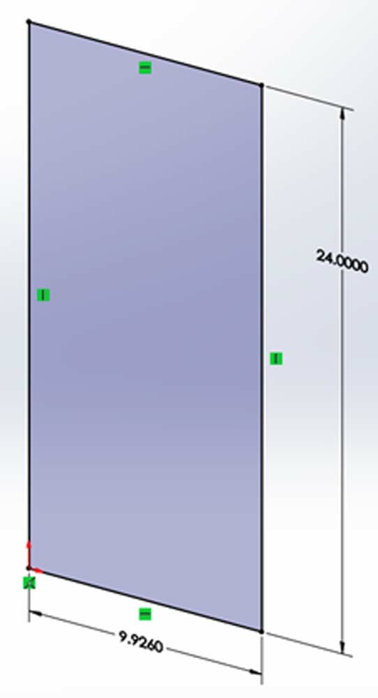 Screenshot of the flat sheet metal part in SolidWorks with the length and width dimensions specified