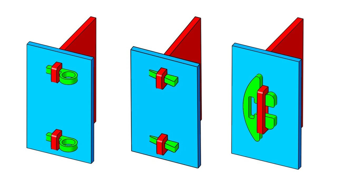 Illustration showing the 3 different methods for joining laser cut parts with the key and tab method as described in the text.