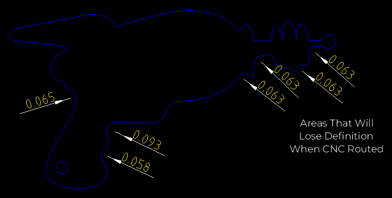 In this image, you can see that the finer details on the laser gun will be lost if cut via CNC router, due to the CNC tooling’s inherent radius.
