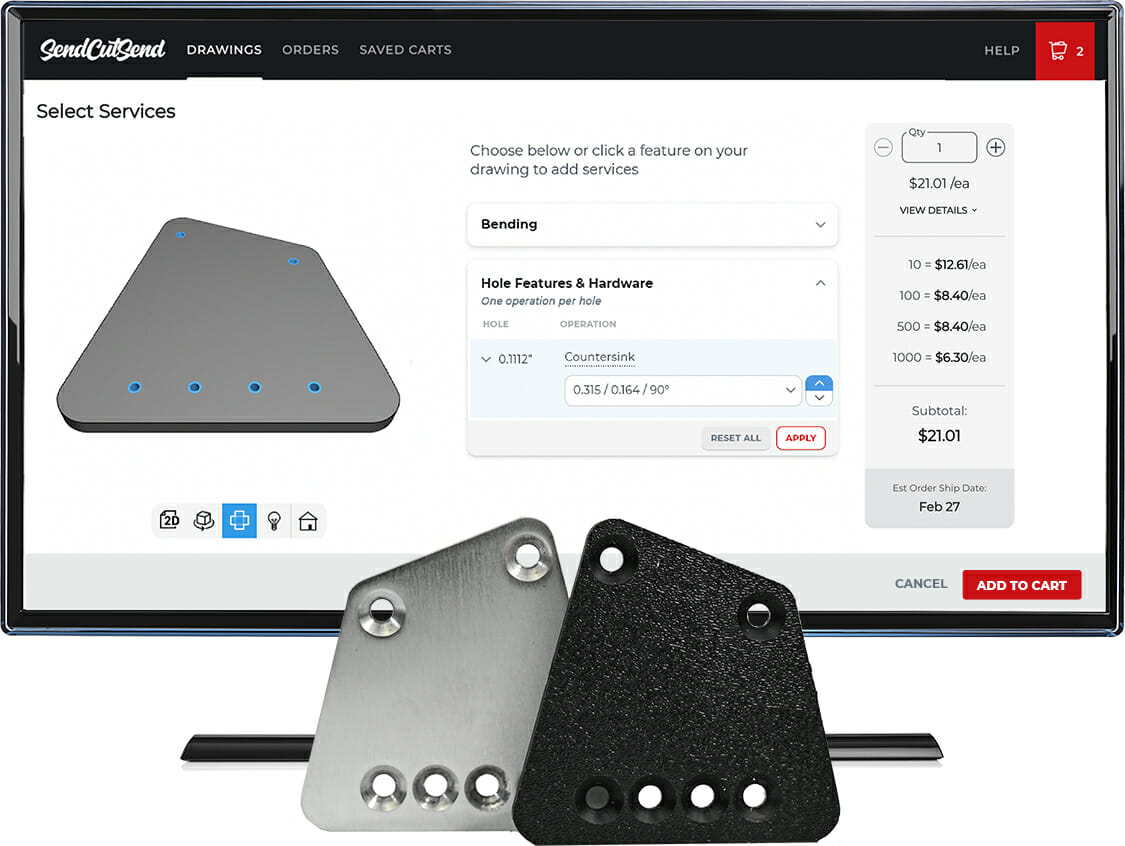 Easily order countersinkig online with SendCutSend