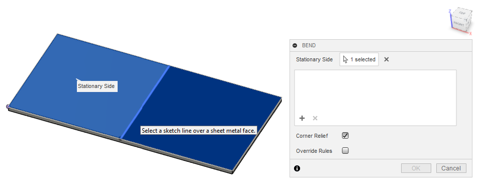 Open the Bend tool again and select the stationary side and any bend lines you want to apply bends to. 