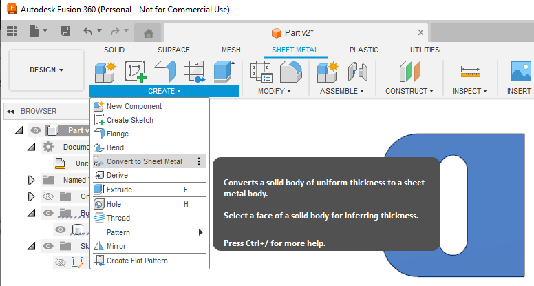 In Fusion, once you have created a body of uniform thickness from your sketch, navigate to the Sheet Metal tab. Then click CREATE and select Convert to Sheet Metal.