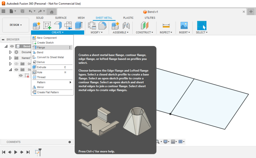 Extrude your sketch in Fusion by navigating to the Sheet Metal tab, then clicking the CREATE dropdown menu and selecting the Flange tool