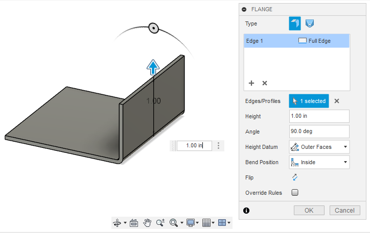 Use the Flange tool to add flanges to your sheet metal base. Set the dimensions to the desired finished outcome.