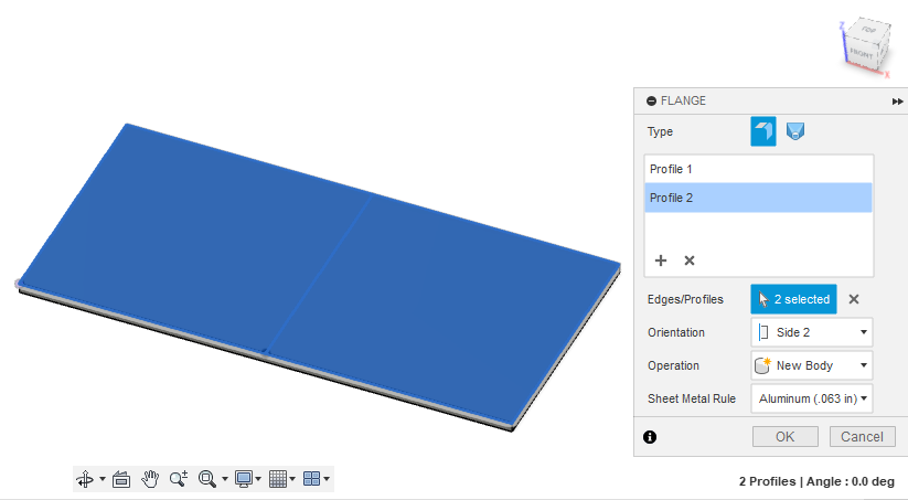 In the Flange tool, select all Profiles, set the Orientation to Side 2, and choose the correct Sheet Metal Rule from the dropdown menu. Then click OK.