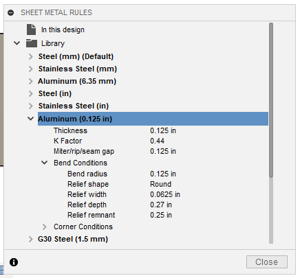 After you click Save on your new rule, it will be visible in your Sheet Metal Rules library.