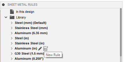 Hover over an existing sheet metal rule and click New Rule to create a new rule.