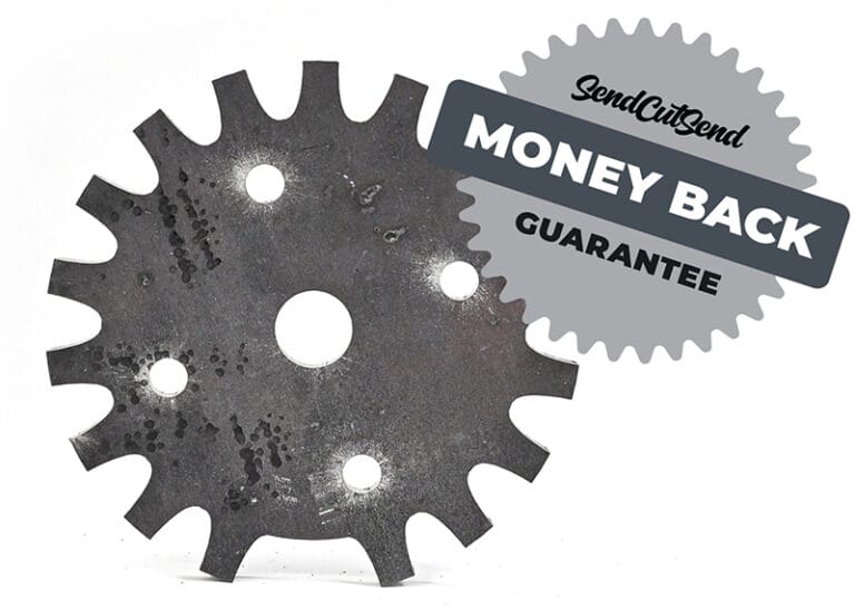 SendCutSend's custom laser cut AR400 steel parts come with a money-back guarantee