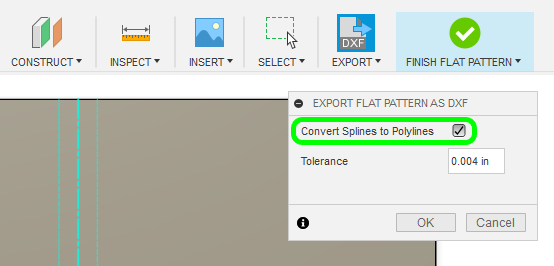 Tick the Convert Splines to Polylines setting in Autodesk Fusion when exporting a flat sheet metal pattern to DXF to prevent dense nodes.