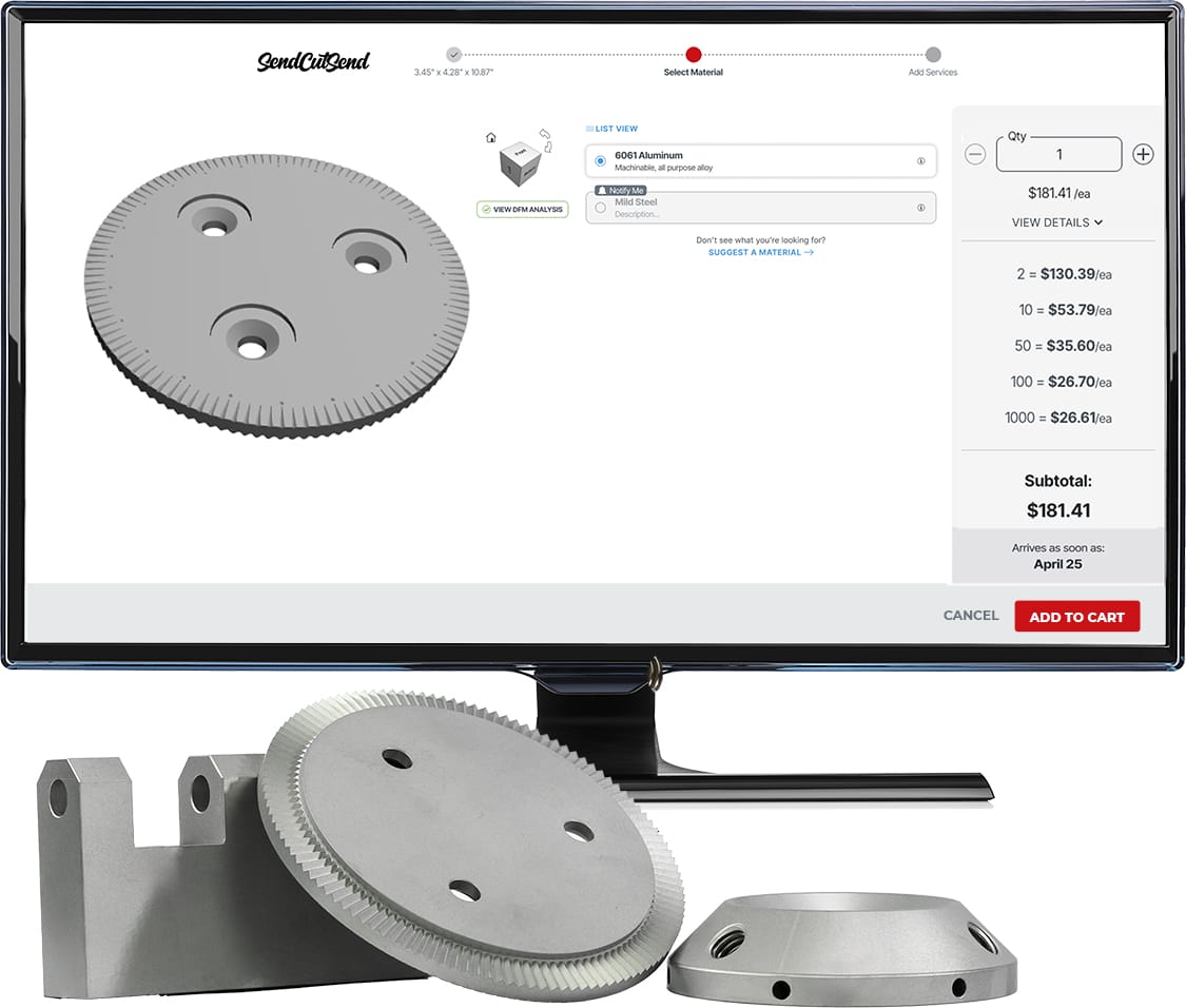 Ordering CNC machined parts at SendCut Send is easy. Order in minutes, receive parts in days