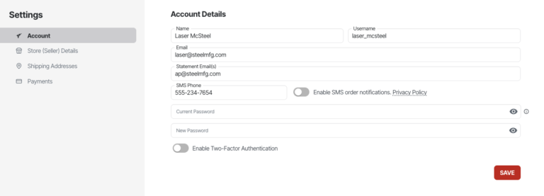 sendcutsend account settings